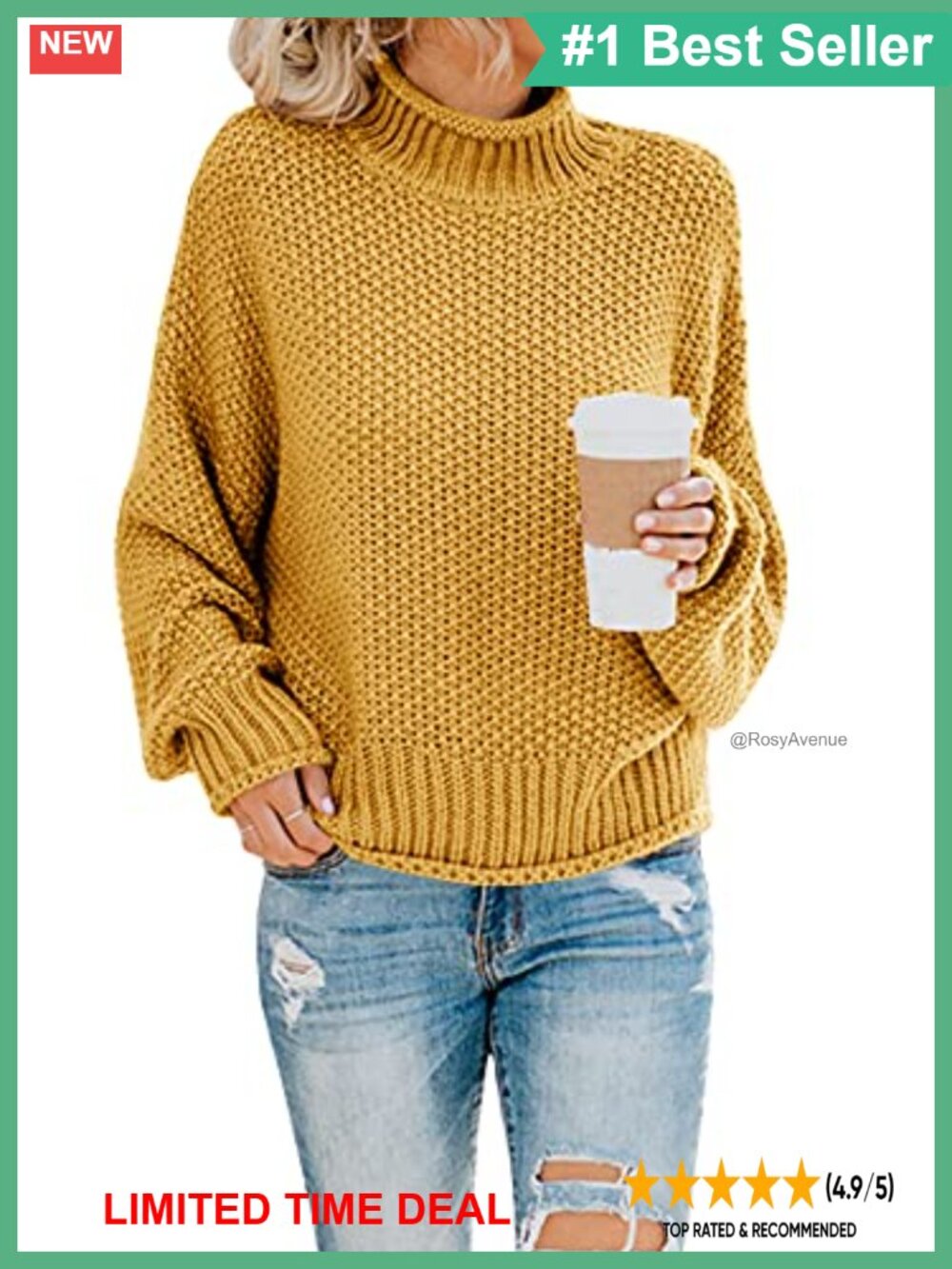 Oversized Turtleneck Sweater Batwing Long Sleeve Chunky Knit Pullover